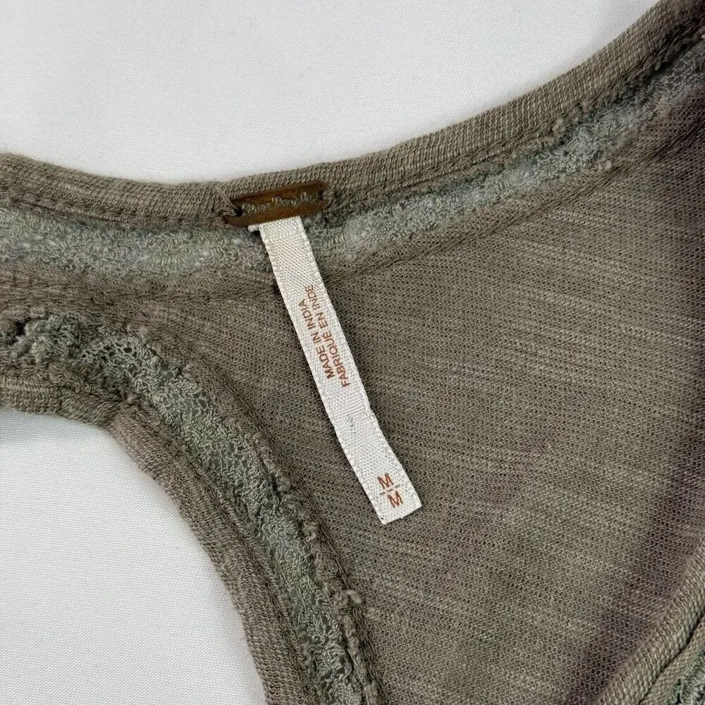Free People Womens M Smoke Green Lace Trim Babydoll Blouse Key Hole Back